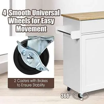 Giantex Kitchen Island, Rolling Kitchen Cart with Spice and Towel Rack, Large Drawer & 2-Door Storage Cabinet, Home Service Cart on Lockable Wheels, Wood Kitchen Trolley, Spacious Tabletop (White)