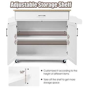 Giantex Kitchen Island, Rolling Kitchen Cart with Spice and Towel Rack, Large Drawer & 2-Door Storage Cabinet, Home Service Cart on Lockable Wheels, Wood Kitchen Trolley, Spacious Tabletop (White)