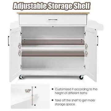 Giantex Kitchen Island, Rolling Kitchen Cart with Spice and Towel Rack, Large Drawer & 2-Door Storage Cabinet, Home Service Cart on Lockable Wheels, Wood Kitchen Trolley, Spacious Tabletop (White)