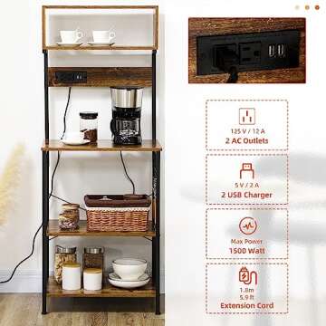 HOMCOM Kitchen Bakers Rack with Power Outlet, USB Charger, Microwave Stand, Coffee Bar with Adjustable Shelves, 5 Hooks for Spices, Pots and Pans, Rustic Brown