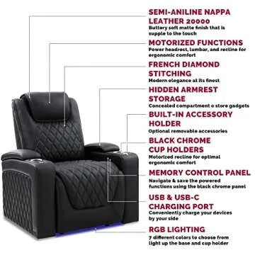 Valencia Oslo Luxury Edition Home Theater Seating | Semi-Aniline Italian Nappa 20000 Leather, Power Recline, Power Lumbar Support, Power Headrest, RGB LED Lighting, (Row of 4 Loveseat Center, Black)