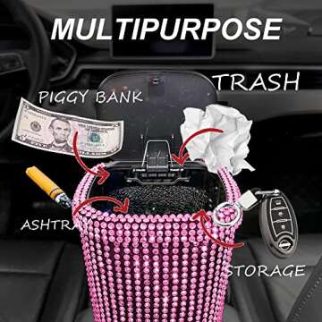 6pcs Bling Car Trash Can,Bling car Accessories,Multifunctional Car Organizer with car Coasters car Hooks,Push-Button Pop Up Open Design Storage Can for Cars, Home, Office (Pink)