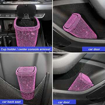6pcs Bling Car Trash Can,Bling car Accessories,Multifunctional Car Organizer with car Coasters car Hooks,Push-Button Pop Up Open Design Storage Can for Cars, Home, Office (Pink)
