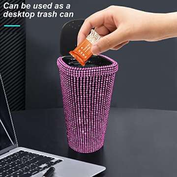 6pcs Bling Car Trash Can,Bling car Accessories,Multifunctional Car Organizer with car Coasters car Hooks,Push-Button Pop Up Open Design Storage Can for Cars, Home, Office (Pink)