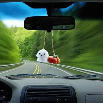 Halloween Car Mirror Hanging Accessories Crochet Pumpkin and Ghost Car Decoration Rear View Mirror Charm Ornaments Cute Car Pendant Interior Decor for Women Girls Teens