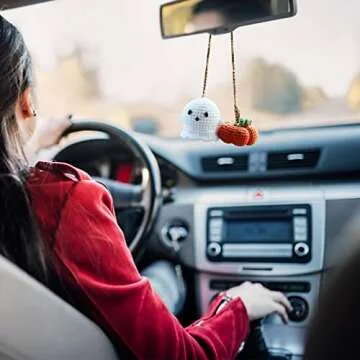 Halloween Car Mirror Hanging Accessories Crochet Pumpkin and Ghost Car Decoration Rear View Mirror Charm Ornaments Cute Car Pendant Interior Decor for Women Girls Teens