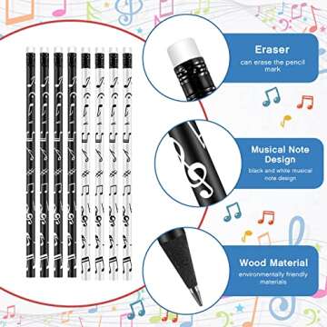 24 Pack Music Pencils for Kids Musical Pencils Round White Black Woodcase with Eraser for School Office Supplies Drawing Writing, 7 Inches
