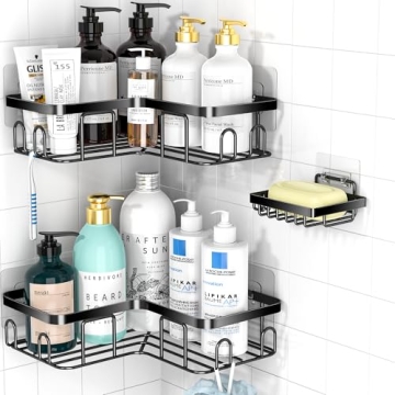 Moforoco Adhesive Corner Shower Caddy – Large Capacity Organizer with Soap Holder and Hooks for Ea...