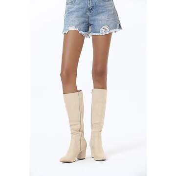 Coutgo Womens Knee High Boots Wide Calf Pointed Toe Chunky Block Heels Comfortable Suede Winter Shoe...