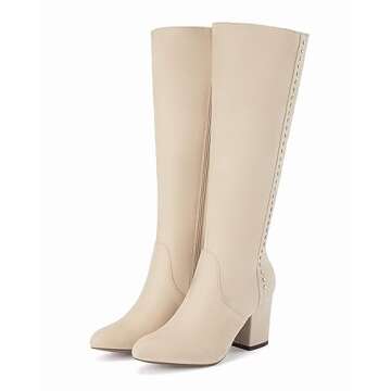 Coutgo Womens Knee High Boots Wide Calf Pointed Toe Chunky Block Heels Comfortable Suede Winter Shoes, Beige, Size 9.5