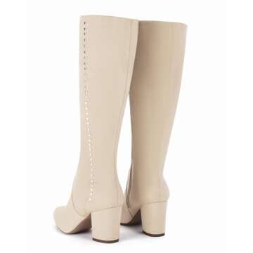 Coutgo Womens Knee High Boots Wide Calf Pointed Toe Chunky Block Heels Comfortable Suede Winter Shoes, Beige, Size 9.5