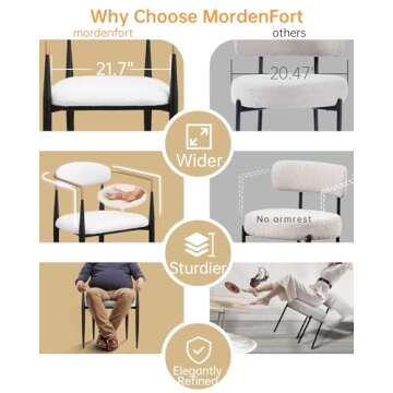 Morden Fort Modern Boucle Dining Chairs with Luxury Upholstered Backrest, White Armchairs Set of 2 for Kitchen Reception Room Living Room Restaurant Café