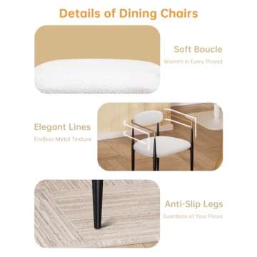 Morden Fort Modern Boucle Dining Chairs with Luxury Upholstered Backrest, White Armchairs Set of 2 for Kitchen Reception Room Living Room Restaurant Café