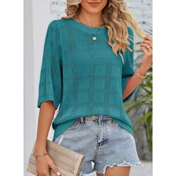 Dokotoo Womens Fashion Juniors Spring Summer Tops Shirts and Blouses for Women 2024 Pullover Sweaters T-Shirts 3/4 Sleeve Tunic Tops Hollow Out Crewneck Loose Tee Shirts Blue Medium