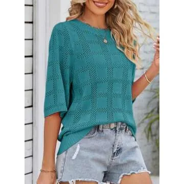 Dokotoo Womens Fashion Juniors Spring Summer Tops Shirts and Blouses for Women 2024 Pullover Sweaters T-Shirts 3/4 Sleeve Tunic Tops Hollow Out Crewneck Loose Tee Shirts Blue Medium