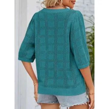 Dokotoo Womens Fashion Juniors Spring Summer Tops Shirts and Blouses for Women 2024 Pullover Sweaters T-Shirts 3/4 Sleeve Tunic Tops Hollow Out Crewneck Loose Tee Shirts Blue Medium