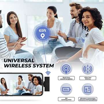 AUXCO Wireless Lavalier Microphone Compatible with iPhone iPad, Noise Reduction Auto-Sync Wireless Microphone for Recording, YouTube Video, Live Stream, Vlog, Interview (NO APP or Bluetooth Needed)