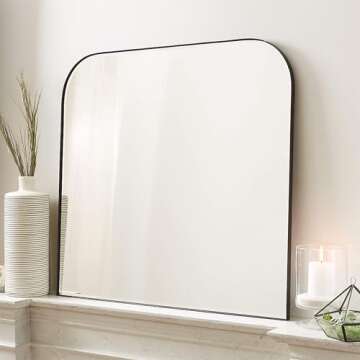 VANA NALA 34x40'' Large Matte Black Arched Mantel Mirror Rounded Corner Wall Mirror for Bathroom, Li...
