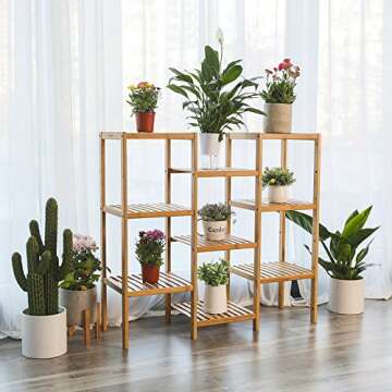 SONGMICS Bamboo Plant Stand, Bathroom Storage Rack, Customizable Flower Pots Holder, Multi-Purpose Display Rack, for Living Room, Balcony, Natural UBCB93Y