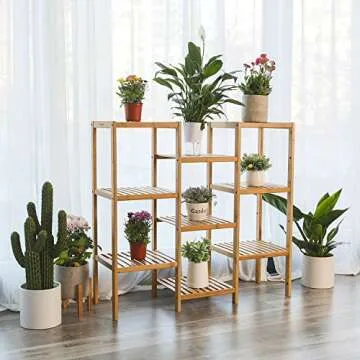 SONGMICS Bamboo Plant Stand, Bathroom Storage Rack, Customizable Flower Pots Holder, Multi-Purpose Display Rack, for Living Room, Balcony, Natural UBCB93Y