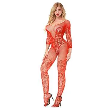 2 Pack Fishnet Bodystocking Lingerie Babydoll Crotchless Teddy Nightie Long Sleeve Bodysuit Plus Size for Women (Black+Red)