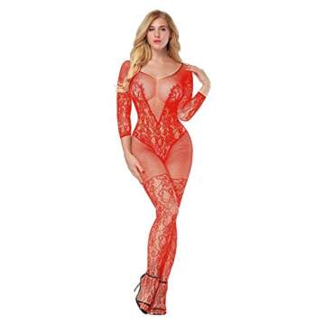 2 Pack Fishnet Bodystocking Lingerie Babydoll Crotchless Teddy Nightie Long Sleeve Bodysuit Plus Size for Women (Black+Red)
