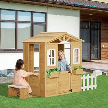 Outsunny Outdoor Playhouse for Kids Wooden Cottage with Working Doors Windows & Mailbox, Pretend Pla...