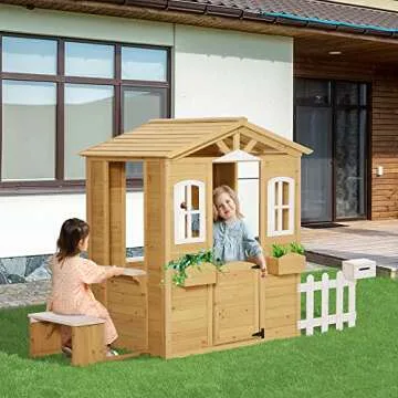 Outsunny Outdoor Playhouse for Kids Wooden Cottage with Working Doors Windows & Mailbox, Pretend Pla...