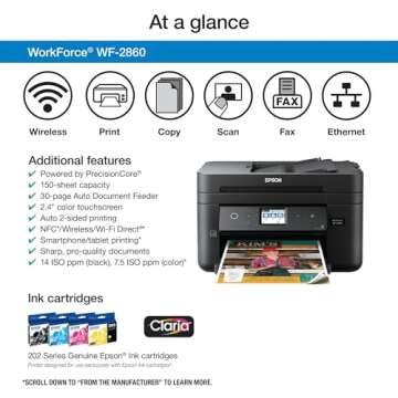 Epson Workforce WF-2860 All-in-One Wireless Color Printer with Scanner, Copier, Fax, Ethernet, Wi-Fi Direct and NFC, Amazon Dash Replenishment Ready