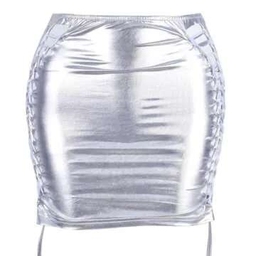 Zoestar Metallic Mini Skirt Sparkly Cut Out Ruched Tie Skirt Disco Rave Club Skirt for Women (as1, Alpha, s, Regular, Short, Silver)