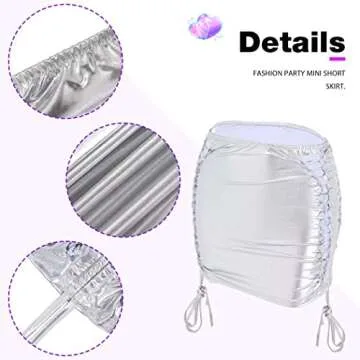 Zoestar Metallic Mini Skirt Sparkly Cut Out Ruched Tie Skirt Disco Rave Club Skirt for Women (as1, Alpha, s, Regular, Short, Silver)