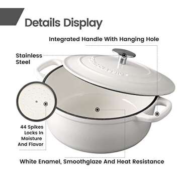 EDGING CASTING Enameled Cast Iron Covered Dutch Oven with Dual Handle, Dutch Ovens with Lid for Bread Baking, Safe to 500 degrees, 3.5 Quart, White