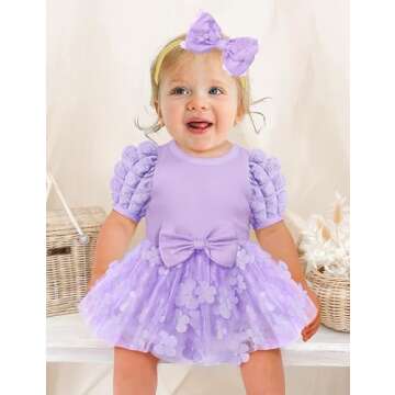 Baby Girl Dresses 0-3 Months Baby Girl Dress Romper Dress Puff Sleeve Tutu Dress Flower Tulle Princess Dress Baby Dress Dresses for Baby Girls Birthday Outfit Purple