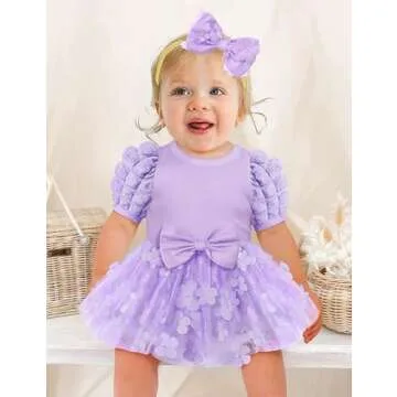 Baby Girl Dresses 0-3 Months Baby Girl Dress Romper Dress Puff Sleeve Tutu Dress Flower Tulle Princess Dress Baby Dress Dresses for Baby Girls Birthday Outfit Purple