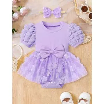 Baby Girl Dresses 0-3 Months Baby Girl Dress Romper Dress Puff Sleeve Tutu Dress Flower Tulle Princess Dress Baby Dress Dresses for Baby Girls Birthday Outfit Purple