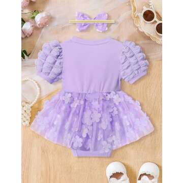 Baby Girl Dresses 0-3 Months Baby Girl Dress Romper Dress Puff Sleeve Tutu Dress Flower Tulle Princess Dress Baby Dress Dresses for Baby Girls Birthday Outfit Purple