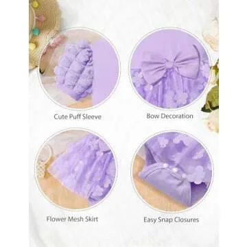 Baby Girl Dresses 0-3 Months Baby Girl Dress Romper Dress Puff Sleeve Tutu Dress Flower Tulle Princess Dress Baby Dress Dresses for Baby Girls Birthday Outfit Purple