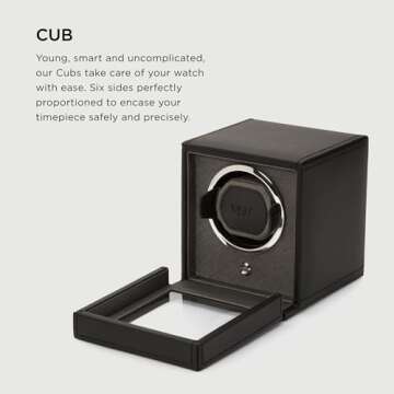 Wolf Cub Single Watch Winder with Glass Cover, Black - Secure Fit with Patented Lock-in Dynamic Cuff...