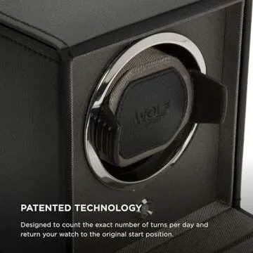Wolf Cub Single Watch Winder with Glass Cover, Black - Secure Fit with Patented Lock-in Dynamic Cuff - Accommodates All Wrist Sizes - Vegan Leather - Includes Universal Adapter