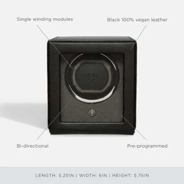 Wolf Cub Single Watch Winder with Glass Cover, Black - Secure Fit with Patented Lock-in Dynamic Cuff - Accommodates All Wrist Sizes - Vegan Leather - Includes Universal Adapter