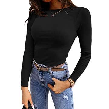 Lynwitkui Womens Long Sleeve Fitted Shirts Ribbed Knit Slim Tight Fit Basic Tees Fall Going Out Tops Black