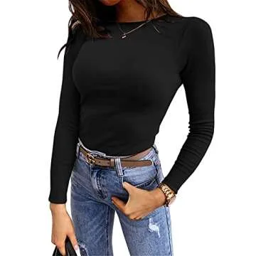 Lynwitkui Womens Long Sleeve Fitted Shirts Ribbed Knit Slim Tight Fit Basic Tees Fall Going Out Tops Black