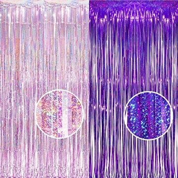 BRAVESHINE 1 Purple 1 Pink Streamers Party Photo Backdrop - 3.2 ft x 8.2 ft Metallic Tinsel Foil Fri...