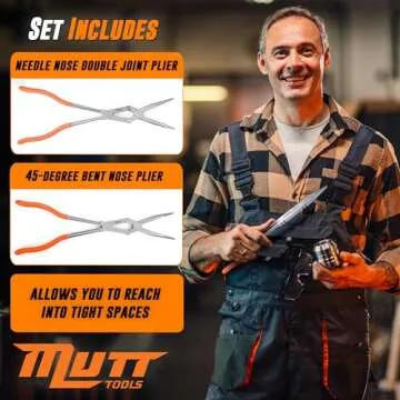 Mutt Tools 2pc Double Jointed Needle Nose Pliers Set – 13" Extra Long Needle Nose Pliers and 45 Degree Bent Double X Design – Extended Reach for Tight Spaces