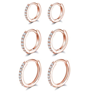 3 Pairs Sterling Silver Small Hoop Earrings Cubic Zirconia Cuff Earrings | Tiny Cartilage Huggie Hoo...