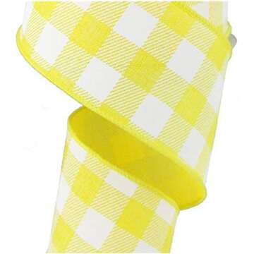 Plaid Check Wired Edge Ribbon - 10 Yards (Yellow, White, 2.5 Inches)