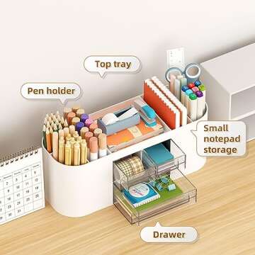 Marbrasse Desk Organizer Pen Holder for Desk with 3 Drawers, Multi-Functional Pencil Holder, Desk Organizers and Accessories with 7 Compartments for Home, School, Classroom(White)