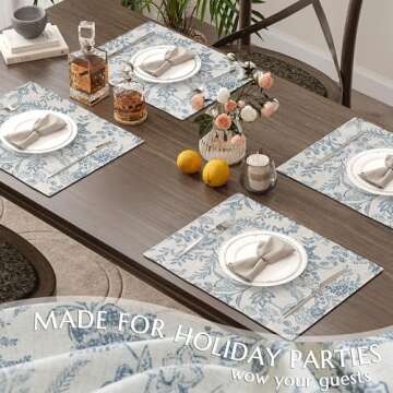 JINCHAN Linen Floral Fall Placemats Set of 4 Cloth Table Mats Rustic Cottagecore Botanical Outdoor Seasonal for Kitchen Dining Home Decor Holiday Non-Slip Washable Tablemats 13x19 Inch Blue