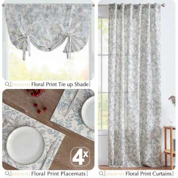 JINCHAN Linen Floral Fall Placemats Set of 4 Cloth Table Mats Rustic Cottagecore Botanical Outdoor Seasonal for Kitchen Dining Home Decor Holiday Non-Slip Washable Tablemats 13x19 Inch Blue