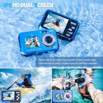 Underwater Camera, UHD 4K 48MP Autofocus Waterproof Camera with 16X Zoom Selfie Dual Screens,11FT Compact Waterproof Digital Camera with 64GB Card,Fill Light Underwater Camera for Snorkeling(Blue)